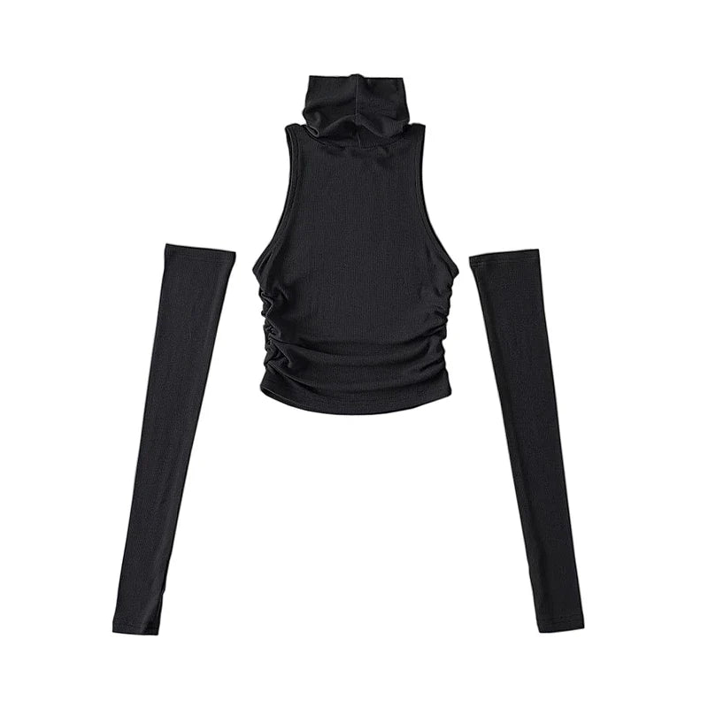 Woman Clothes Fall 2025 Tank Top Sleeve Cover Sleevless Side Pleats Turtleneck T-shirt  Sexy Ribbed Knitted Tops Y2k 2529