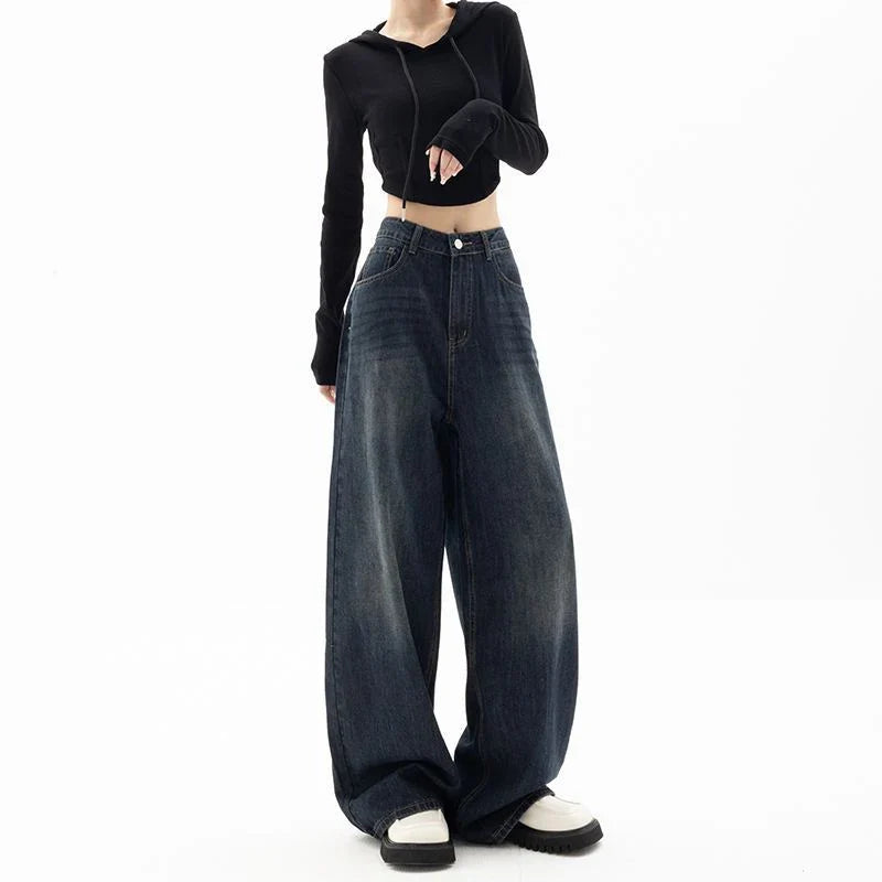 Women's Retro Street Style High-Waisted Wide Leg Pants Floor-Length Niche Design Loose Fit Slimming Jeans