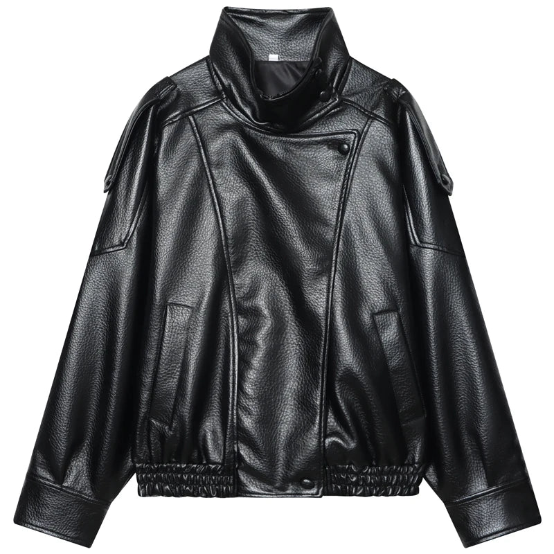 HXAO New Arrival Women's Bomber Jacket Leather Black Jackets Cropped Oversize Outerwears Zip-Up Long Sleeve Coats Outdoor Jacket