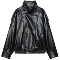 HXAO New Arrival Women's Bomber Jacket Leather Black Jackets Cropped Oversize Outerwears Zip-Up Long Sleeve Coats Outdoor Jacket