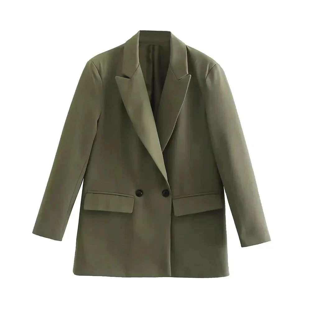 Women Fashion Double Breasted Loose Fitting Blazer Coat Vintage Long Sleeve Pockets Female Outerwear Chic Veste Femme