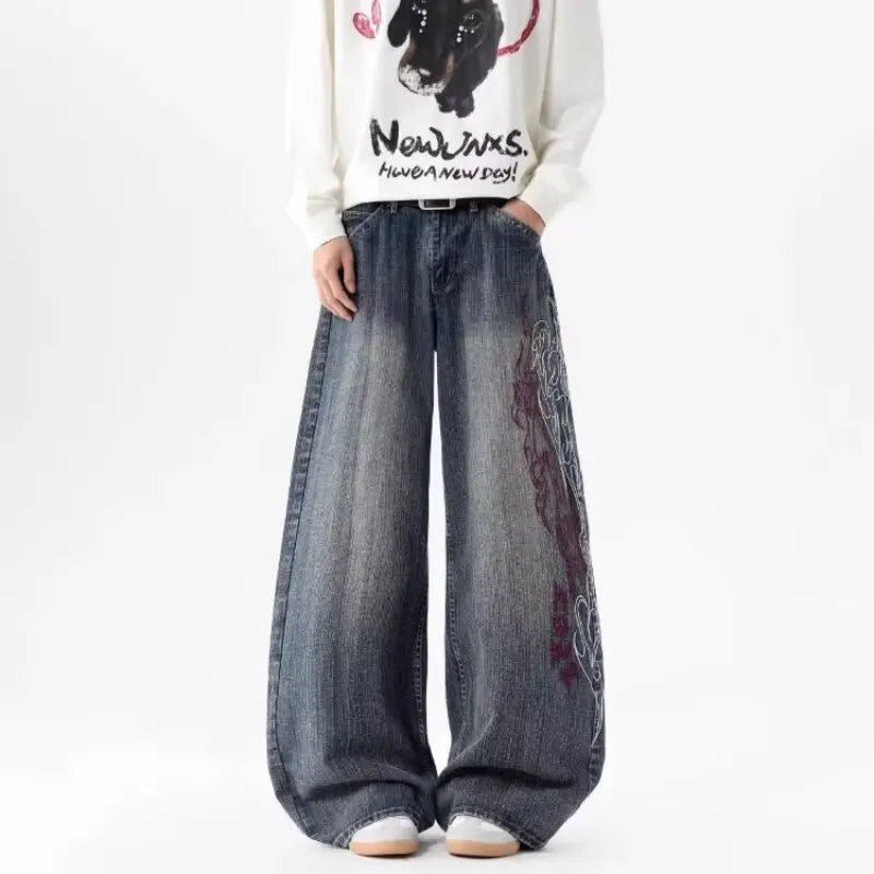 Women's Loose Straight Leg Jeans Elastic High-End Feel  European Fashion Embroidered Flower Trendy Versatile Wide Leg Jeans