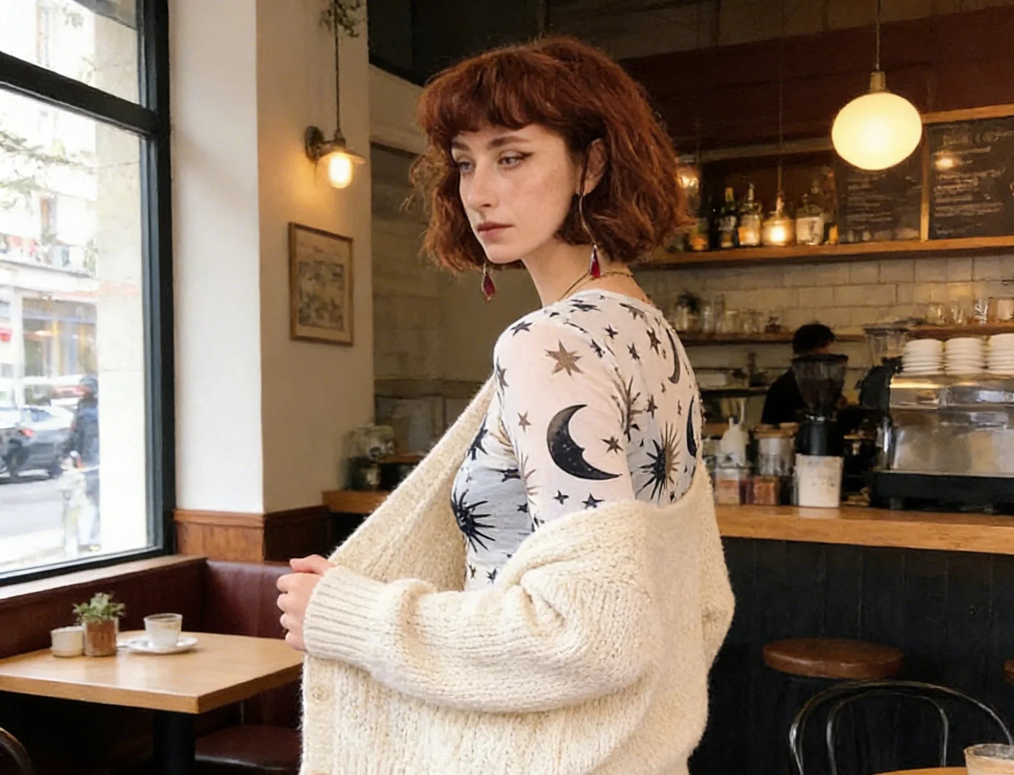 Women's New Style Black-and-White Sun-and-Moon Print Sheer Mesh T-Shirt Sheer Mesh Round Neck Base Layer T-Shirt