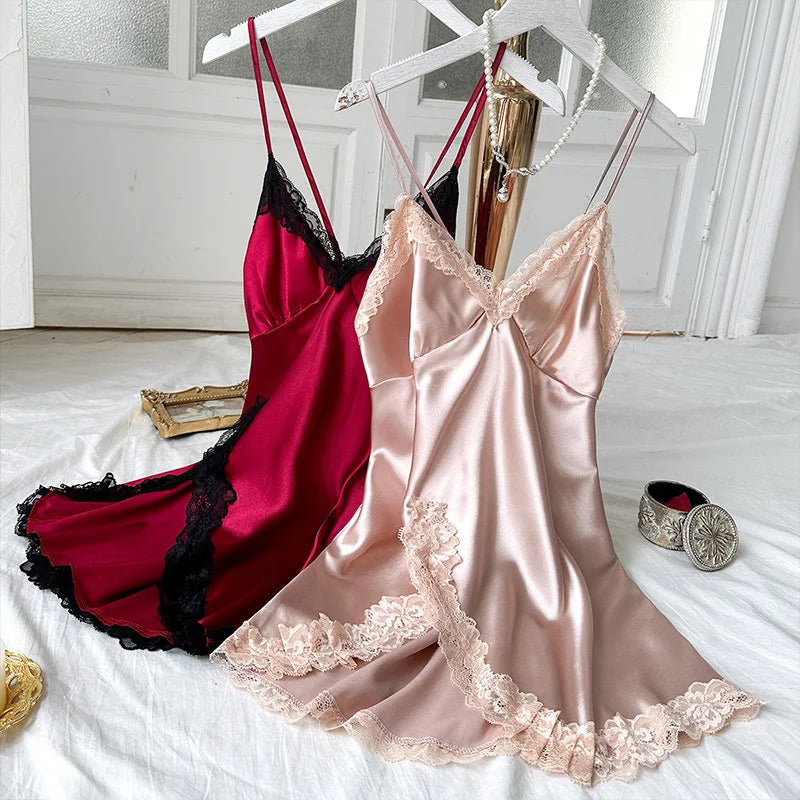 Ice Silk Thin Style Halter Nightdress Women's Lace  Homewear Sexy Pajamas Solid Lenceria Mujer Silk Satin Suspender Dresses