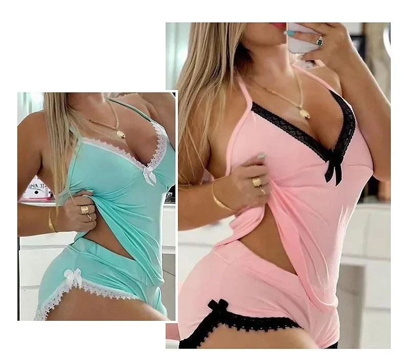Sexy Lace Trim  Nightgown Set Large Size Home Wear Strap Sleepwear Two Piece Set Hot Sale