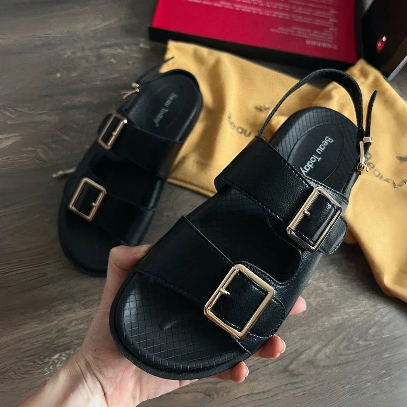 BeauToday Casual Sandals Women Genuine Leather Metal Ankle Buckle Strap Summer Beach Ladies Low Heel Sport Shoes Handmade 38128