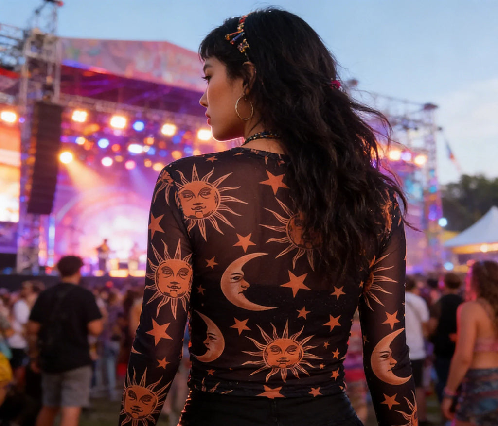 Women's New Style Black-and-White Sun-and-Moon Print Sheer Mesh T-Shirt Sheer Mesh Round Neck Base Layer T-Shirt