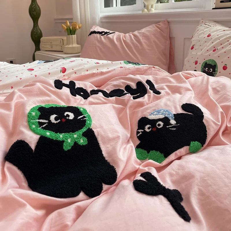 Cute Cat  Bedding Set For adults kids Brown pink Lovely Bed Sheet set With Pillowcases Colorful King Queen Full size
