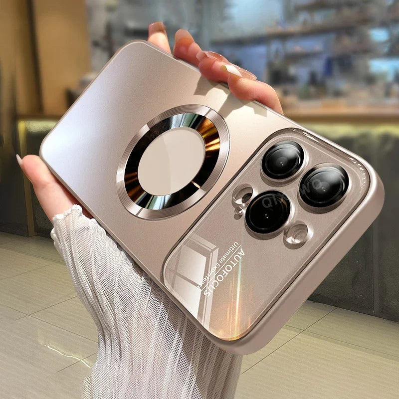 Luxury Glass Camera Lens Case for MagSafe Magnetic Wireless Charging, Shockproof Cover for iPhone 11 12 13 14 15 16 Pro Max Plus