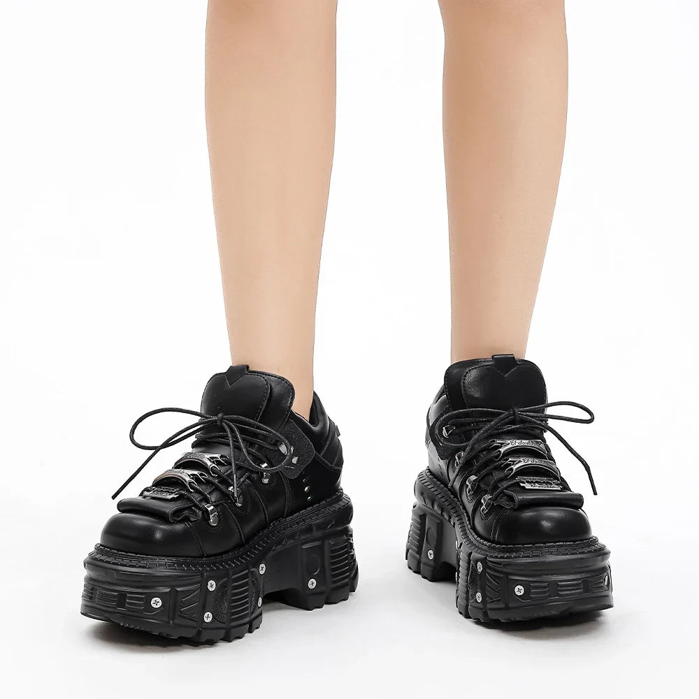 2026 New Punk Style Women Shoes Lace-up Heel Height 6CM Platform Shoes Woman Gothic Ankle Rock Boots Metal Decor Woman Sneakers