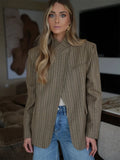 Women Plaid Print Blazer Jacket Fashion Stand Collar Full Sleeve One Button Loose Short Coat Chic Lady Daily Commute Outerwears