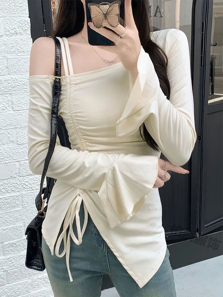 Sweet Sexy Drawstring Ribbon White Off Shoulder Top Women Basic Long Sleeve Body T-Shirt Elegant Flare Sleeve Lady Tees Pulovers