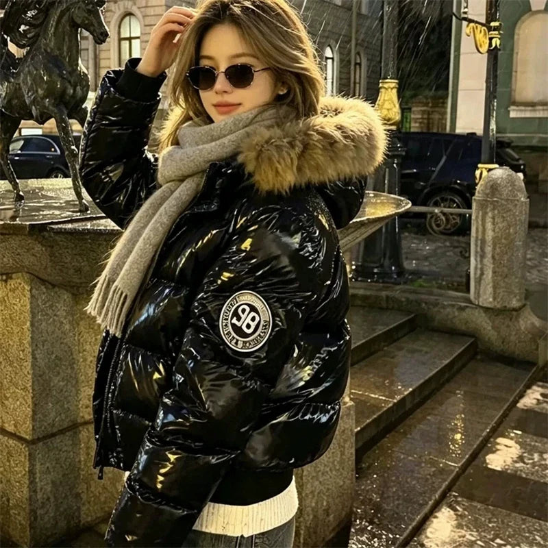 ZAROY Faux Fur Hooded Cotton Puffer Jacket Women Winter Quilted Zipper Pocket Coat Y2K Retro Padded Parkas High Street Outerwear