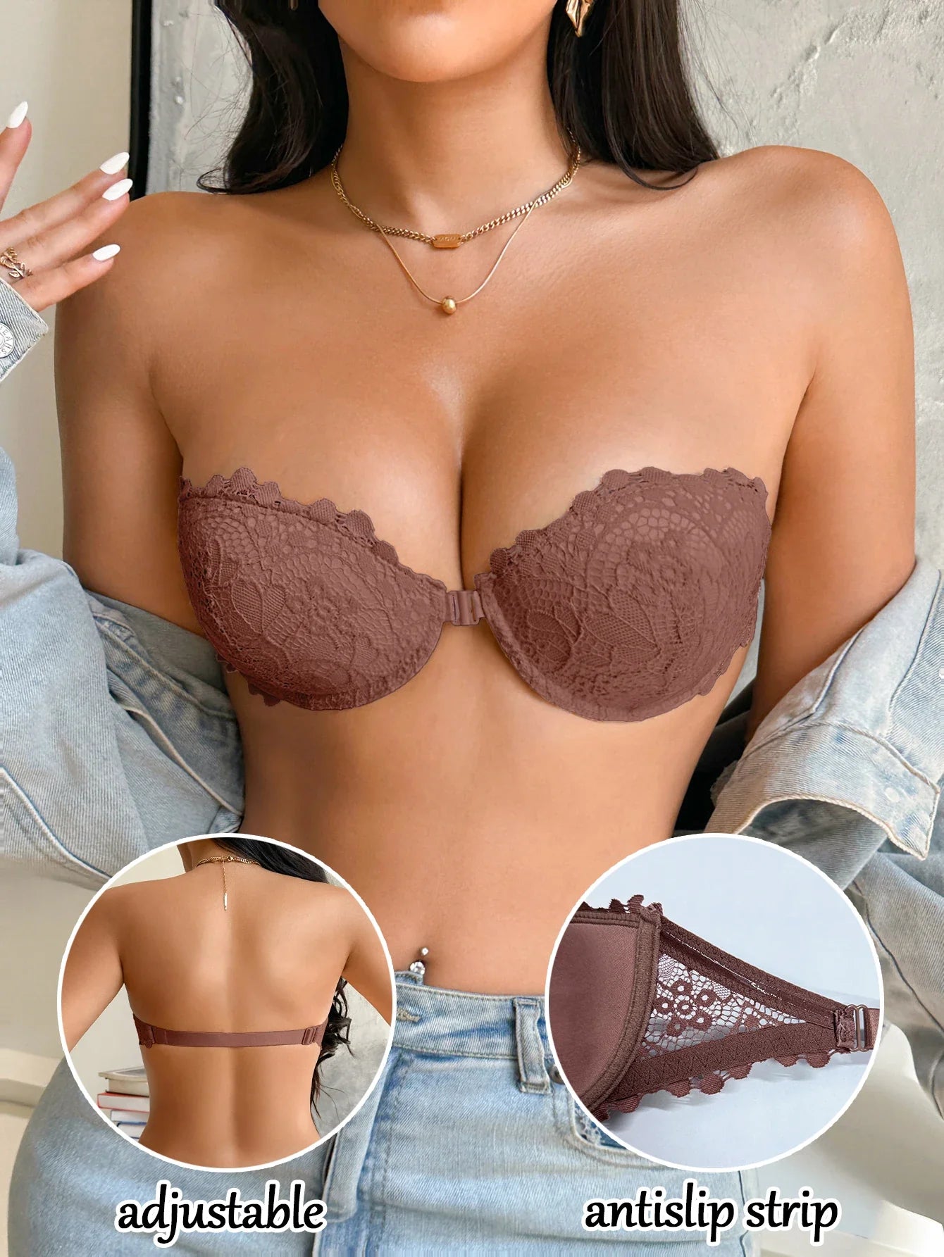 Lace Strapless Women Bra Sexy Front Clasp Push Up Bra Invisible Non-Slip Fashion Lace Bra Women