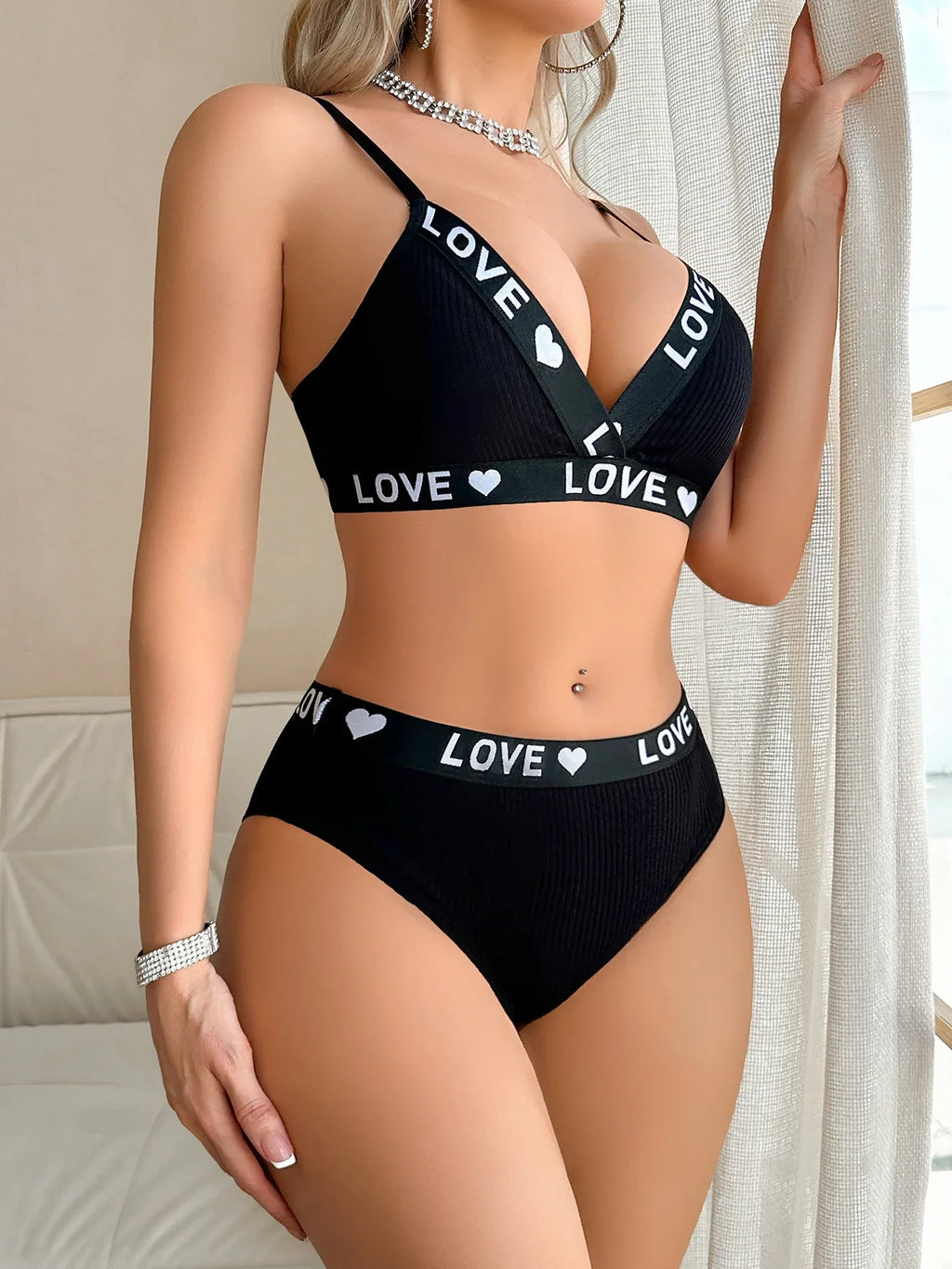 1 to 3-Piece Set Cotton Women's Underwear Set Rib Letter Print Removable Inner Wireless Push up Bra Soft Sexy Women's Underwear