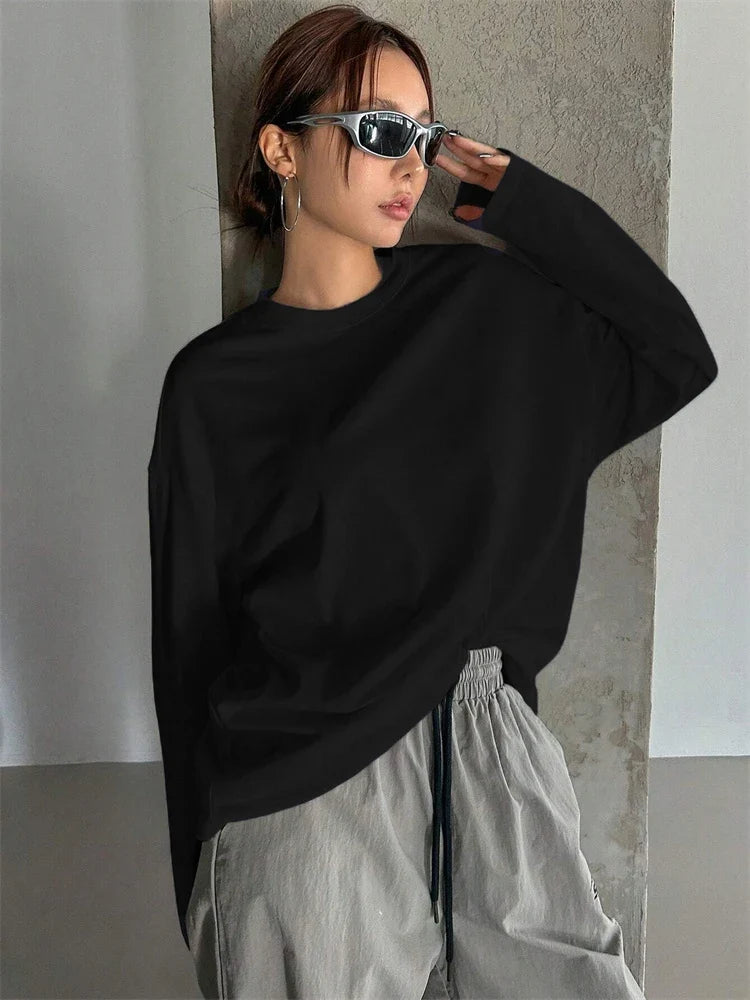 Women Basic Long Sleeve Loose O-neck T-shirt Autumn Winter Solid Color Tee Top Streetwear