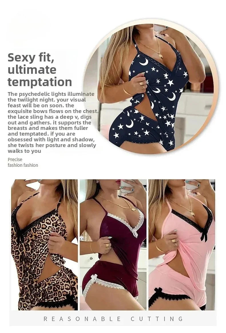 Sexy Lace Trim  Nightgown Set Large Size Home Wear Strap Sleepwear Two Piece Set Hot Sale