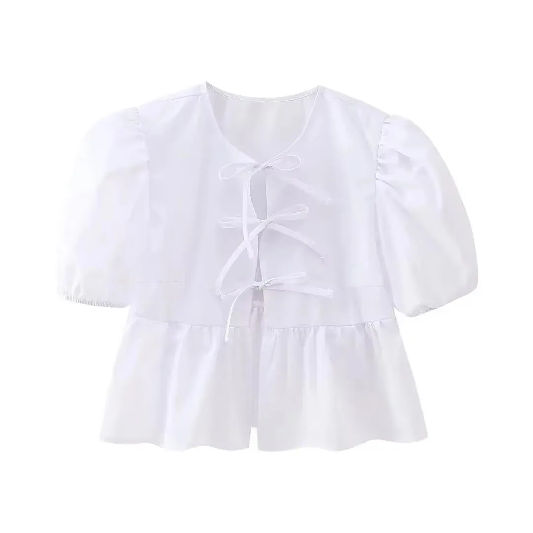 HH Fashion Solid Hollow Out Shirt Women Causal O Neck Short Sleeved Lace Up Tops Chic Female Casual Blouse Streetwear 2024