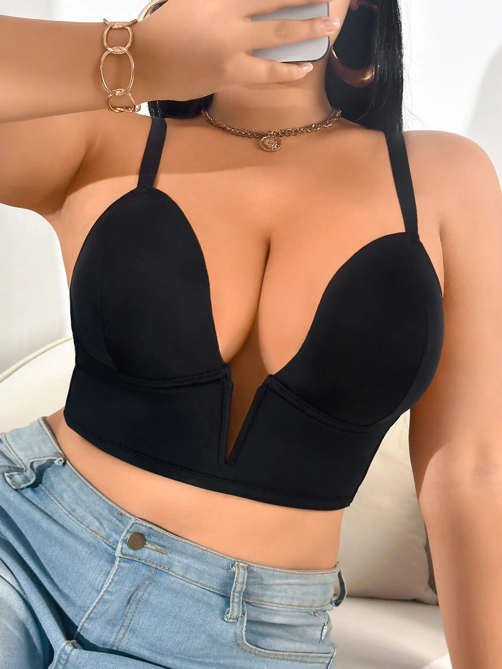 1PCS Everyday Plus Size Women's Bra Deep V Push up Bra Cross Strap Comfortable Thin Cup Underwire Bralette Underwear Shapewear