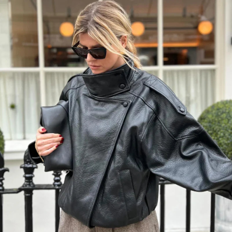 HXAO New Arrival Women's Bomber Jacket Leather Black Jackets Cropped Oversize Outerwears Zip-Up Long Sleeve Coats Outdoor Jacket
