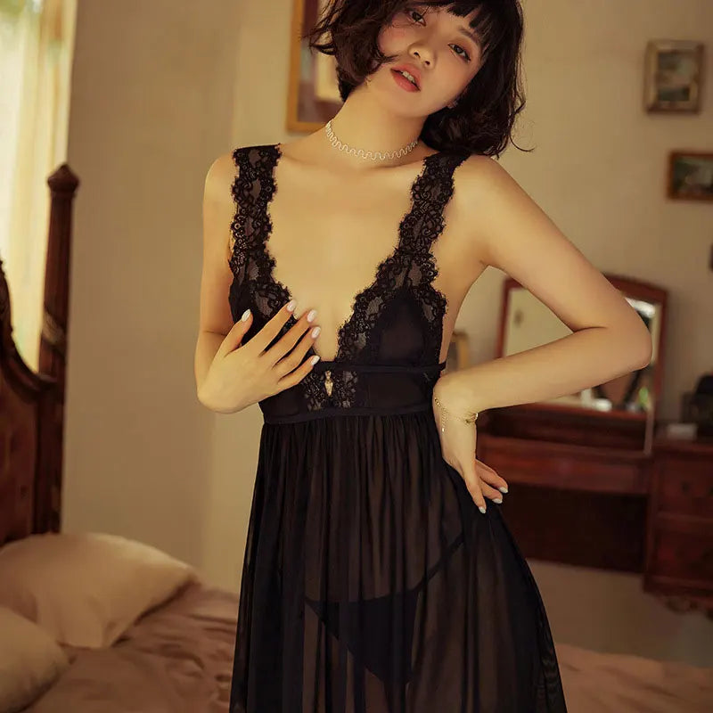 Sexy Transparent Red Lingerie Women's Underwear Lace Nightdress And Panty Pijamas Sets Female Sexy Nighty Sleeveless Pajama