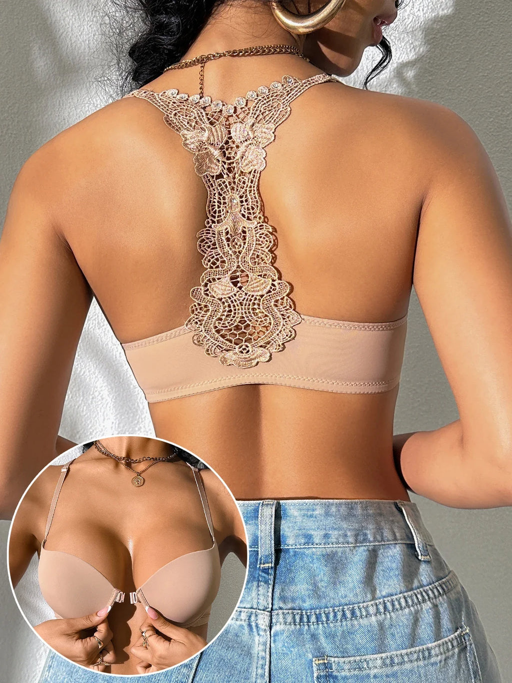 Trendy Women's Sexy Bras Sexy Lace Splicing and Beautiful Back Design Padded Push-Up Bra Comfortable Solid Elegant Backless Bra