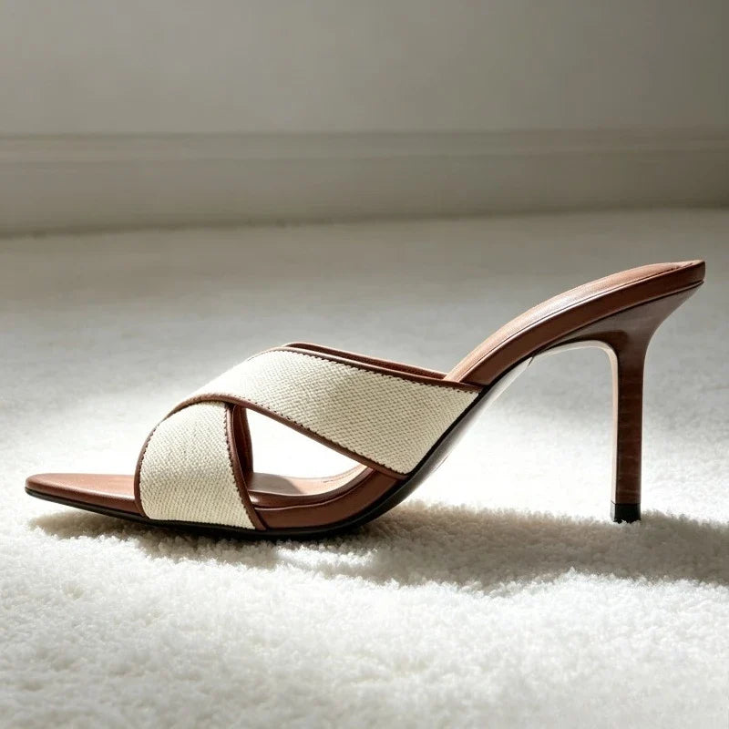 Brown Wide Cross-Tied Women Slippers Elegant Contrast Material Piping Mule Sandals for Ladies Sexy Pointed Open Toe High Heels