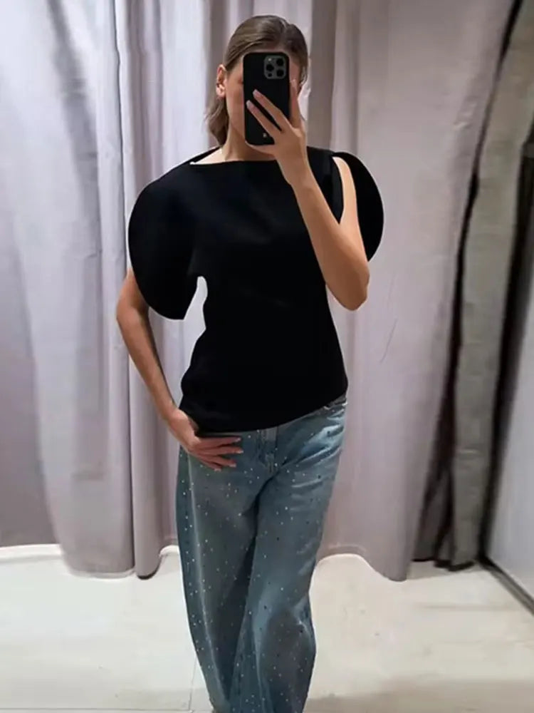 HH Women Vintage Black Short Puff Sleeve Shirts O Neck Asymmetrical Hem Blouse 2026 Spring Trend High Street Lady Chic Tops