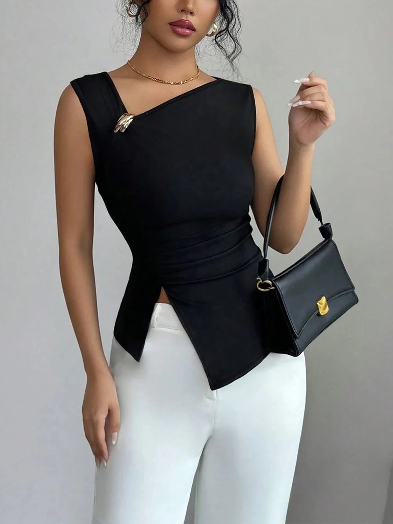 Womens Tank Top Asymmetric Ruched Split Decor Tank Top Ruched Blouse Fitted Elegant Chic Apparel Tops Spring Summer Daily Shirts