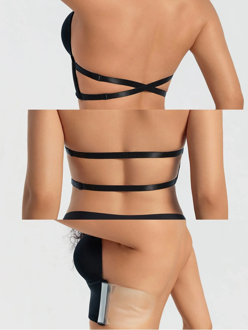 Invisible Women's Dress Bra Deep V Plunge Backless Adjustable Straps and Silicone Adhesive Patches Push-Up Strapless Bra Shapewear