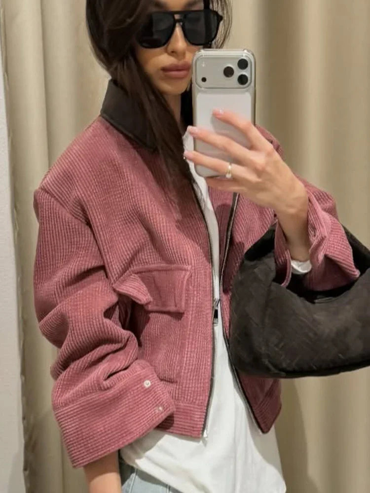 SLTNX Spring Pink Casual Jacket Women's Loose Fit Streetwear Front Zipper Pockets Lounge Wear Daily Outerwear