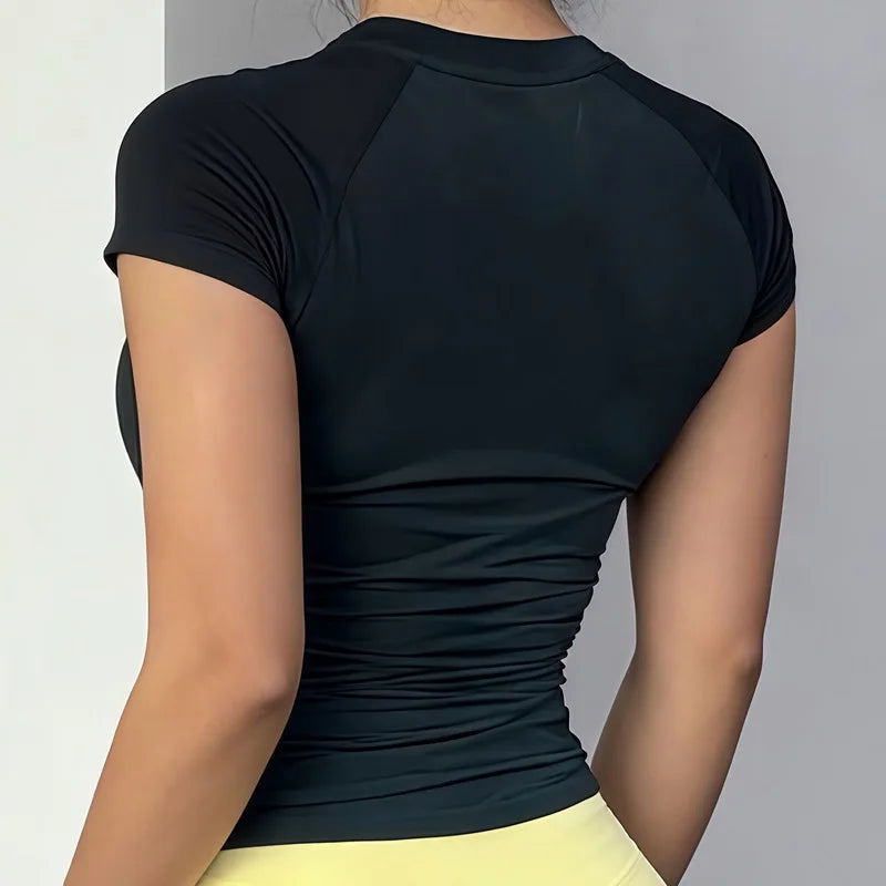 HISTELLO Sports Short Sleeve Top Women Gym Yoga Top Workout Clothes Sports T Shirt Fitness Activewear Running Tight Tops