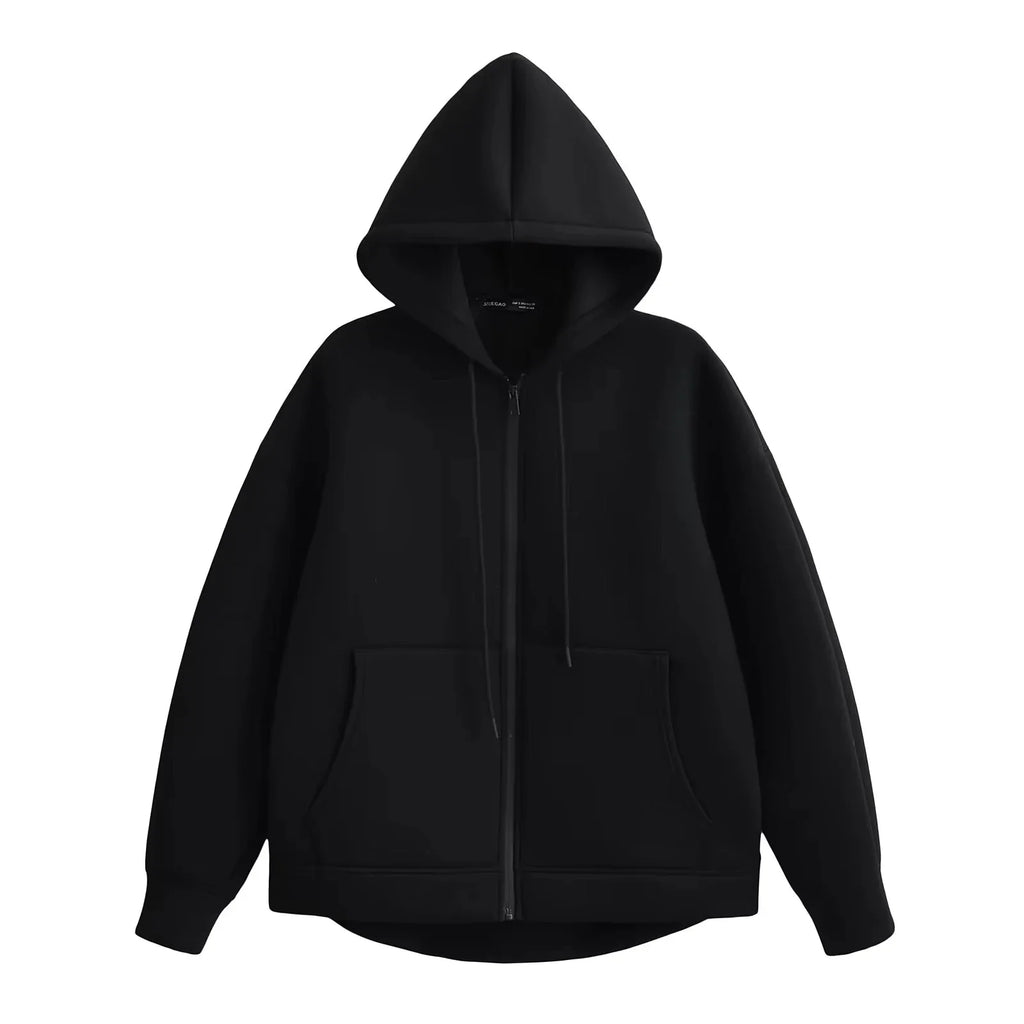 HH Autumn Women Casual Hooded Jacket Loose Oversize Zipper Hoodie Sweatshirts Solid Coat Office Lady Chic Outwear Tops