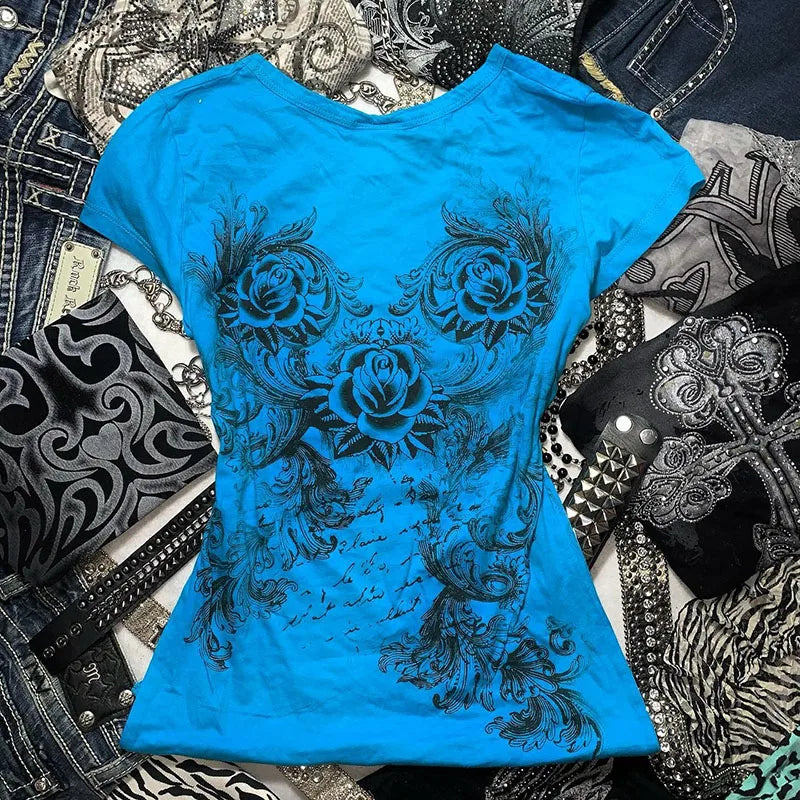 Women's Y2k Grunge T-Shirts 2000s Vinage Rhinestone Print Heart Rose T-Shirt Aesthetics Harajuku Round Neck Tops street fashion