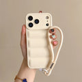 Soft Down Jacket Silicone Case For iPhone 17 16 15 14 13 12 11 Pro Max Plus Air Shockproof Camera Protection Wrist Strap Cover