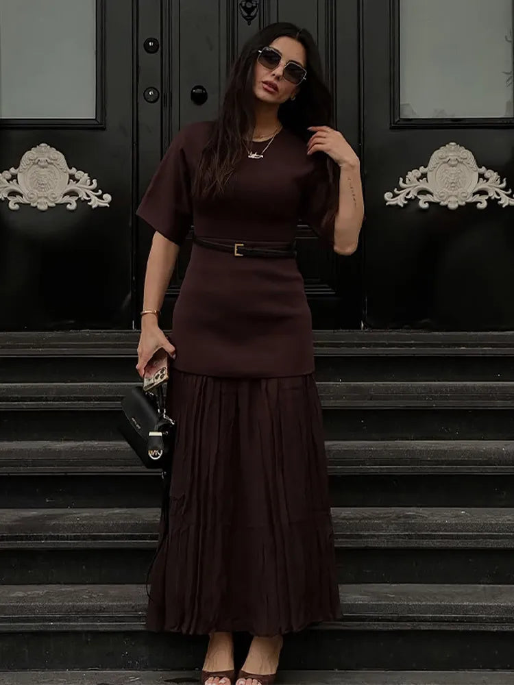 2025 Chic Splicing Brown Half Sleeve Maxi Dress Women's Casual Pleated A-line Slim Vestidos Female Office Commute Street Robes