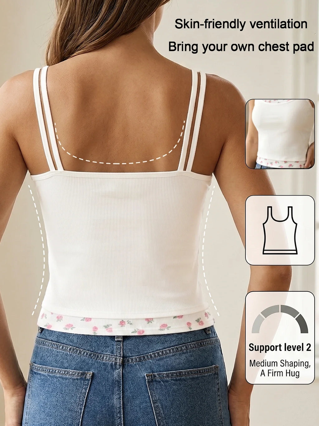 Women's Ribbed Cami Top with Floral Trim Built-in Bra Sleeveless Tank Top Fake Two-piece Slim Fit Casual Ladies Underwear