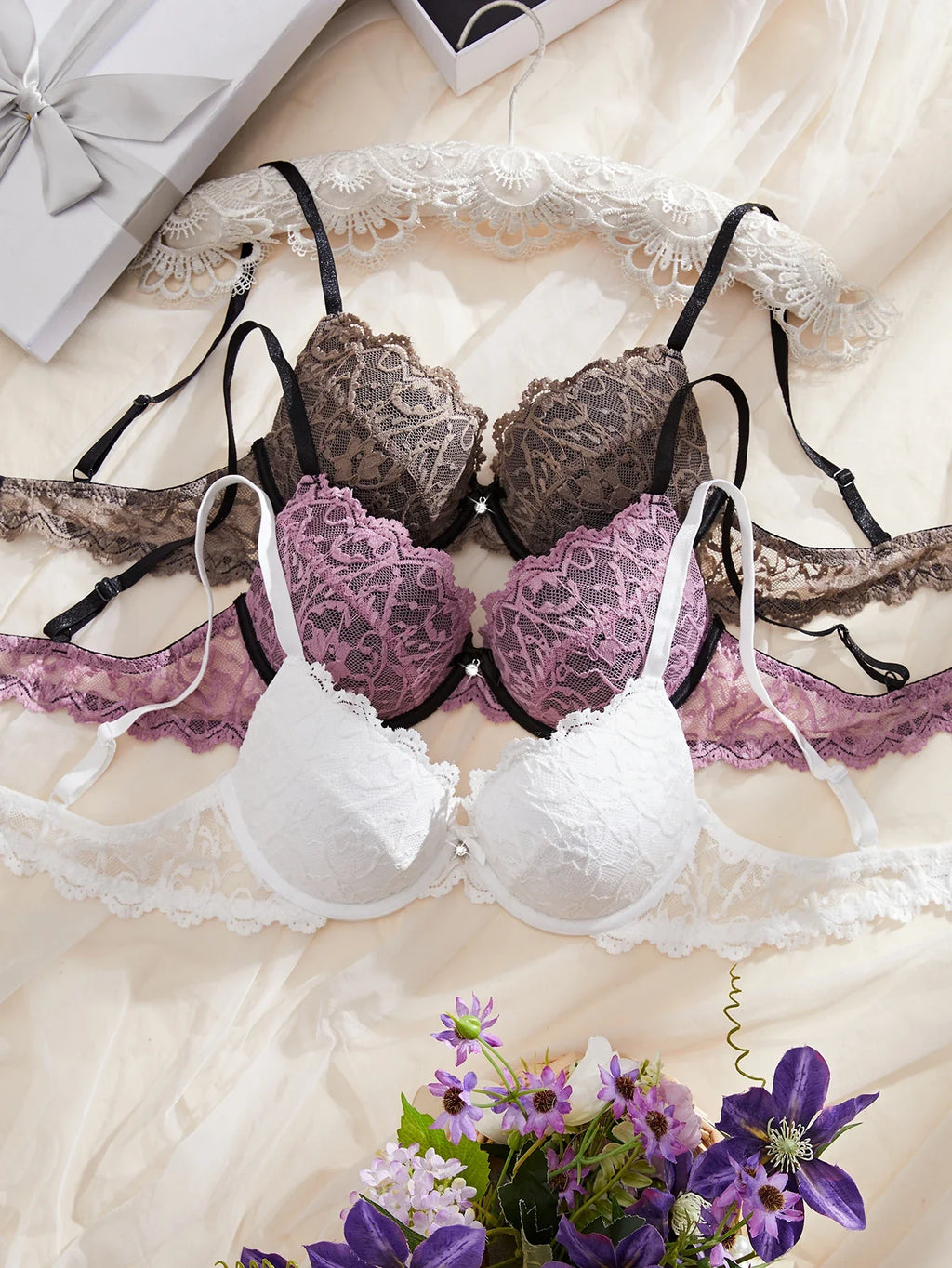 3PCS Daily Lace Trim Women's Underwear Set Rhinestone Push up Bra wite Underwire Soft & Stylish Female Slim Bra