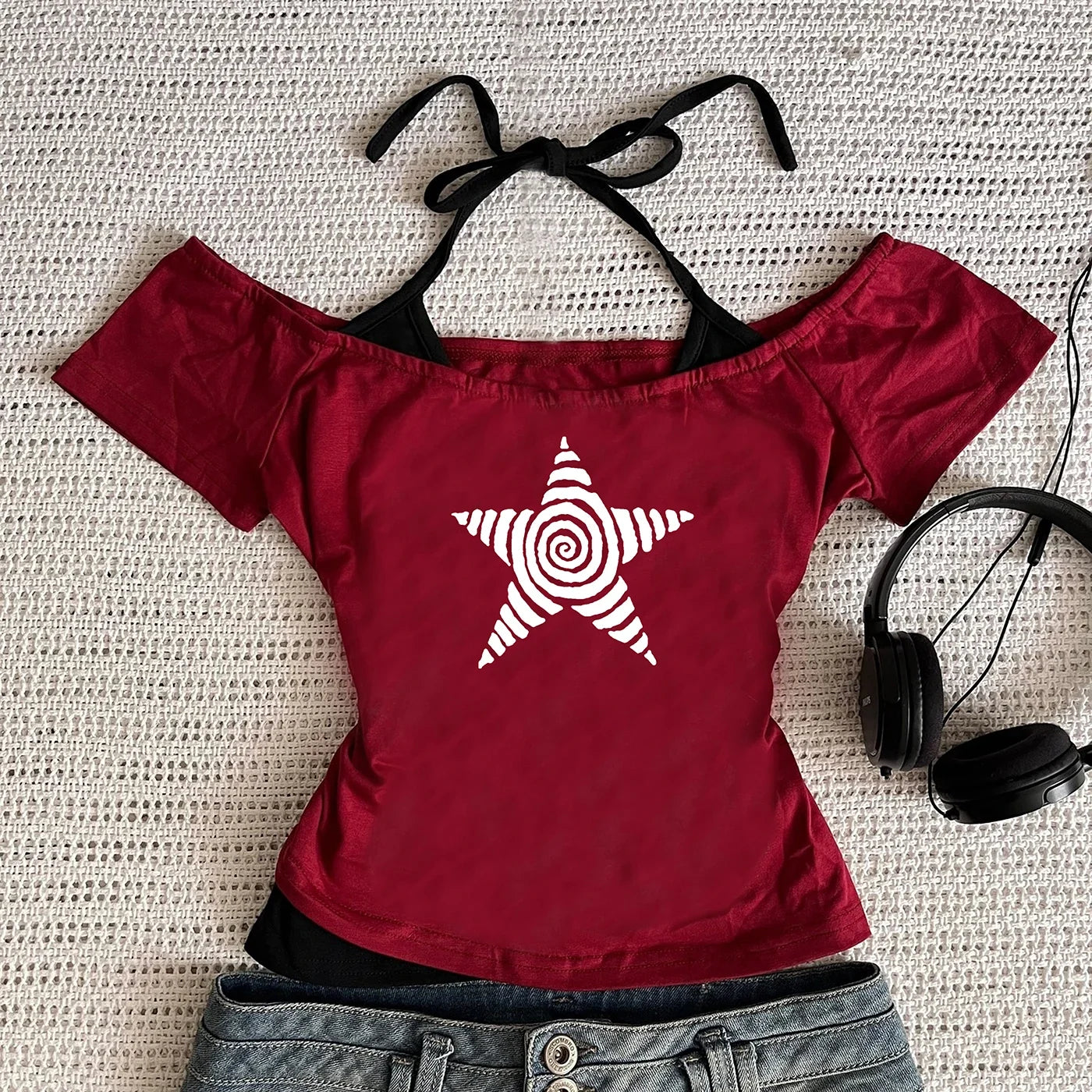 Women's Harajuku 2025 Summer Casual T-Shirt Y2K Retro Streetwear Halter Neck Print Fake Two-Piece Set Fashionable Street Style