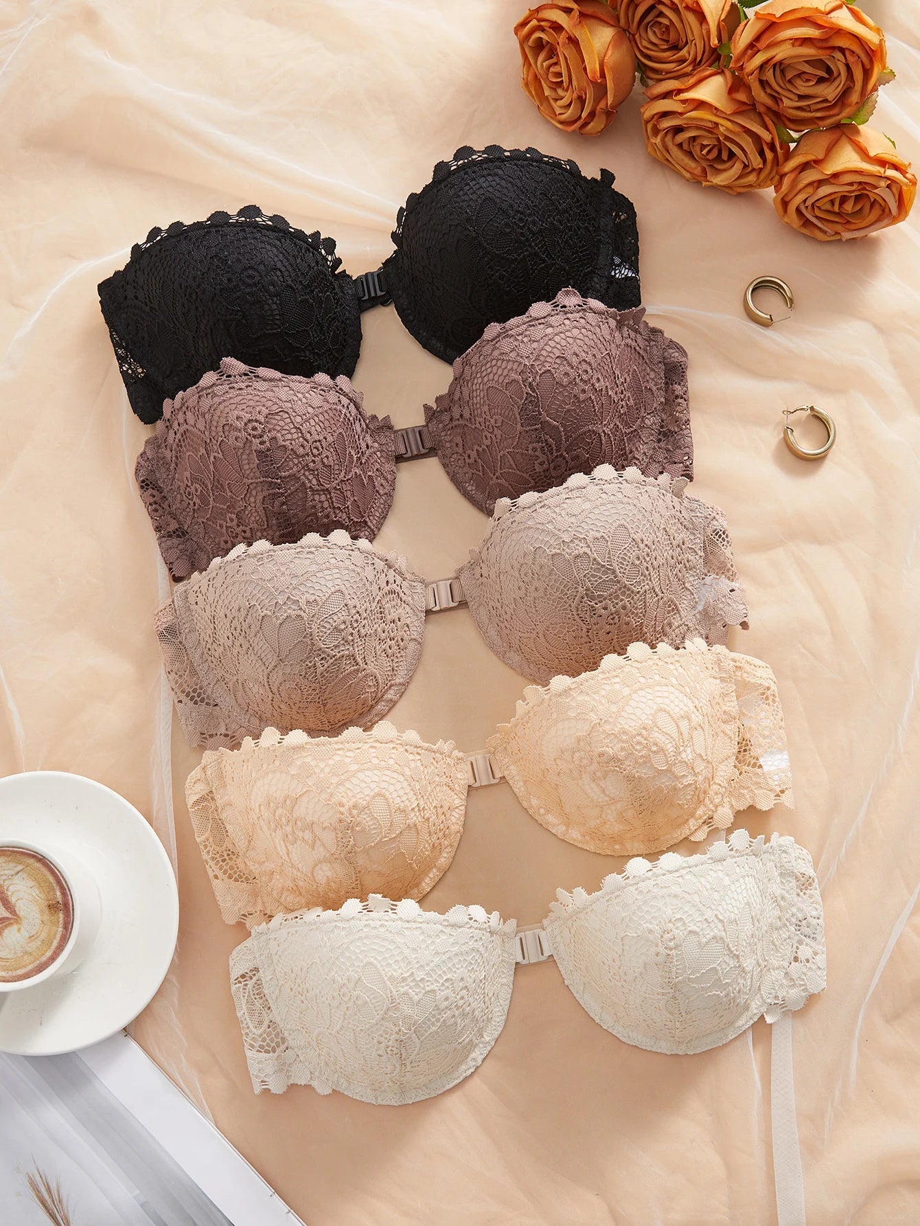 3Pcs Lace Women Strapless Bra Stylish Front Buckle Push up Bra Invisible Off-Shoulder Underwire Bras Women
