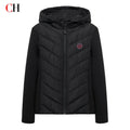 CH Womens Circular Chest Patch Badge Chevron Quilted Hooded Puffer Jacket Panel Sleeves Daily Commute Wear