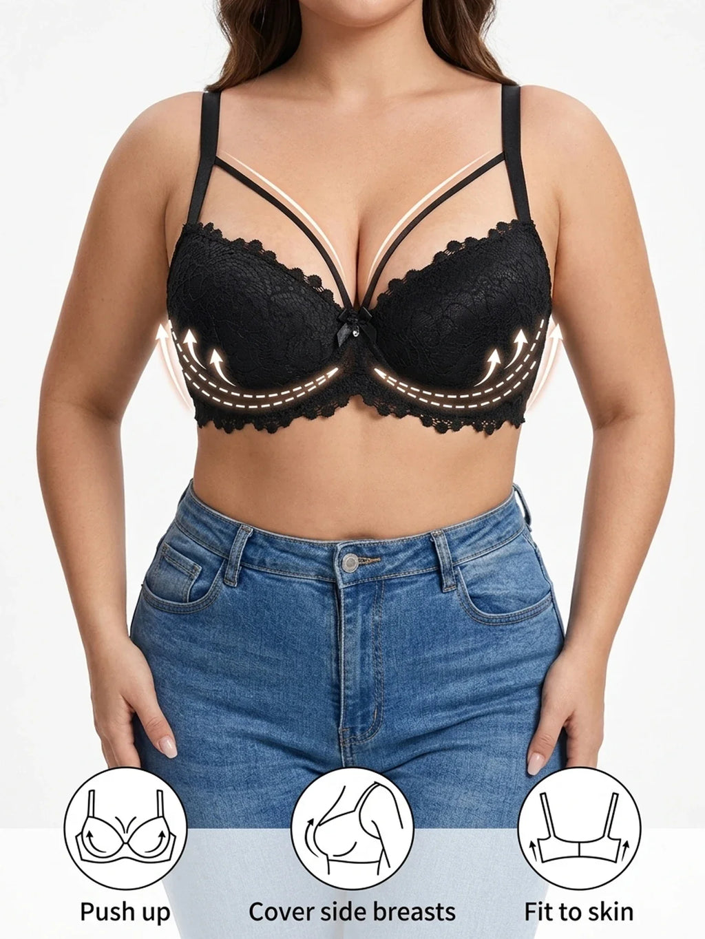 Plus Size Women's B C D Lace Bra Wide Straps Side Support Comfort Underwire Push Up Bra Breast Strap Detail Bralette