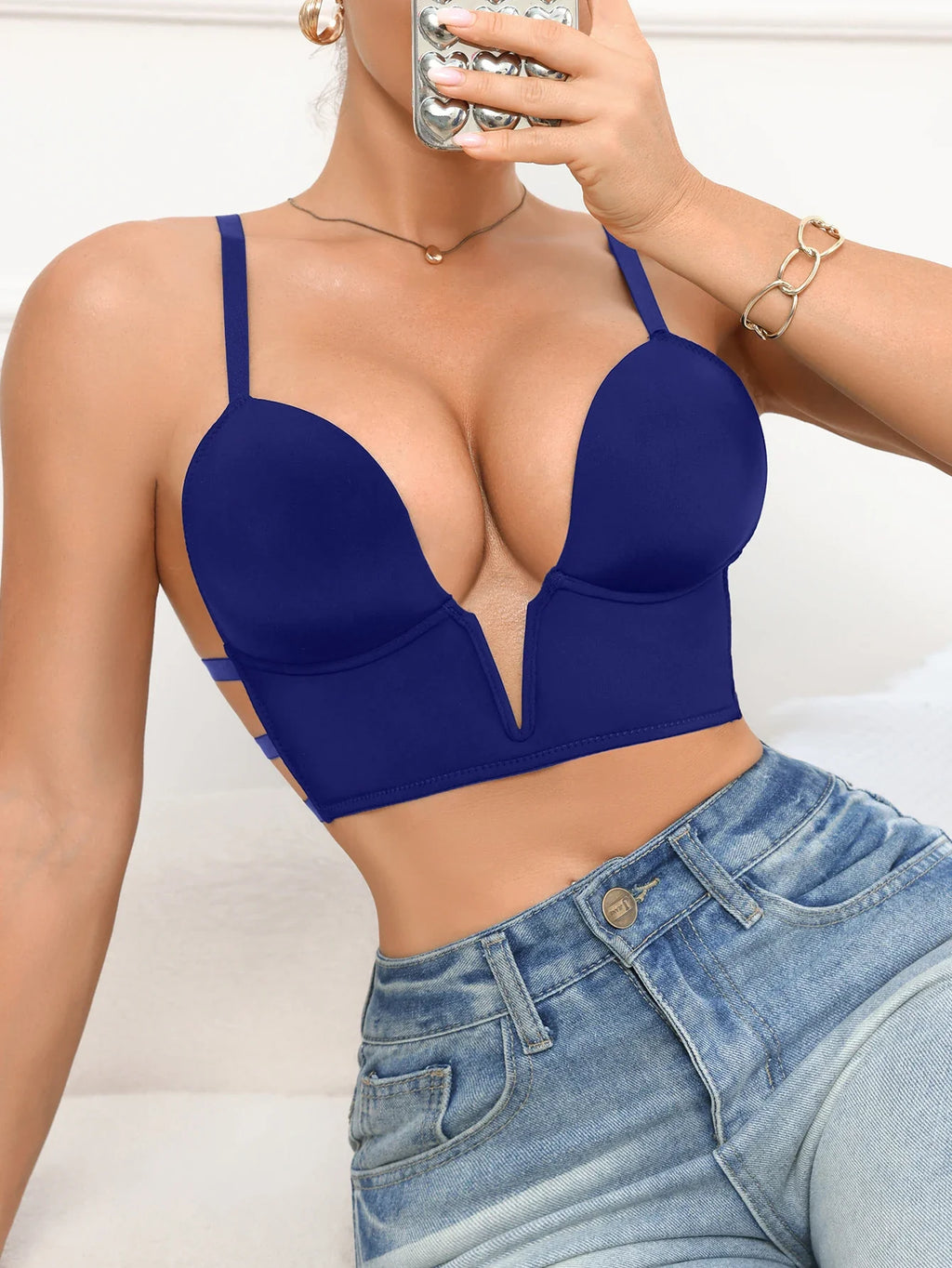 Women's Sexy Bra Deep V Plunge Bralette with Thin Crisscross Back Straps Ladies' Everyday Invisible Push up Bra for Dresses