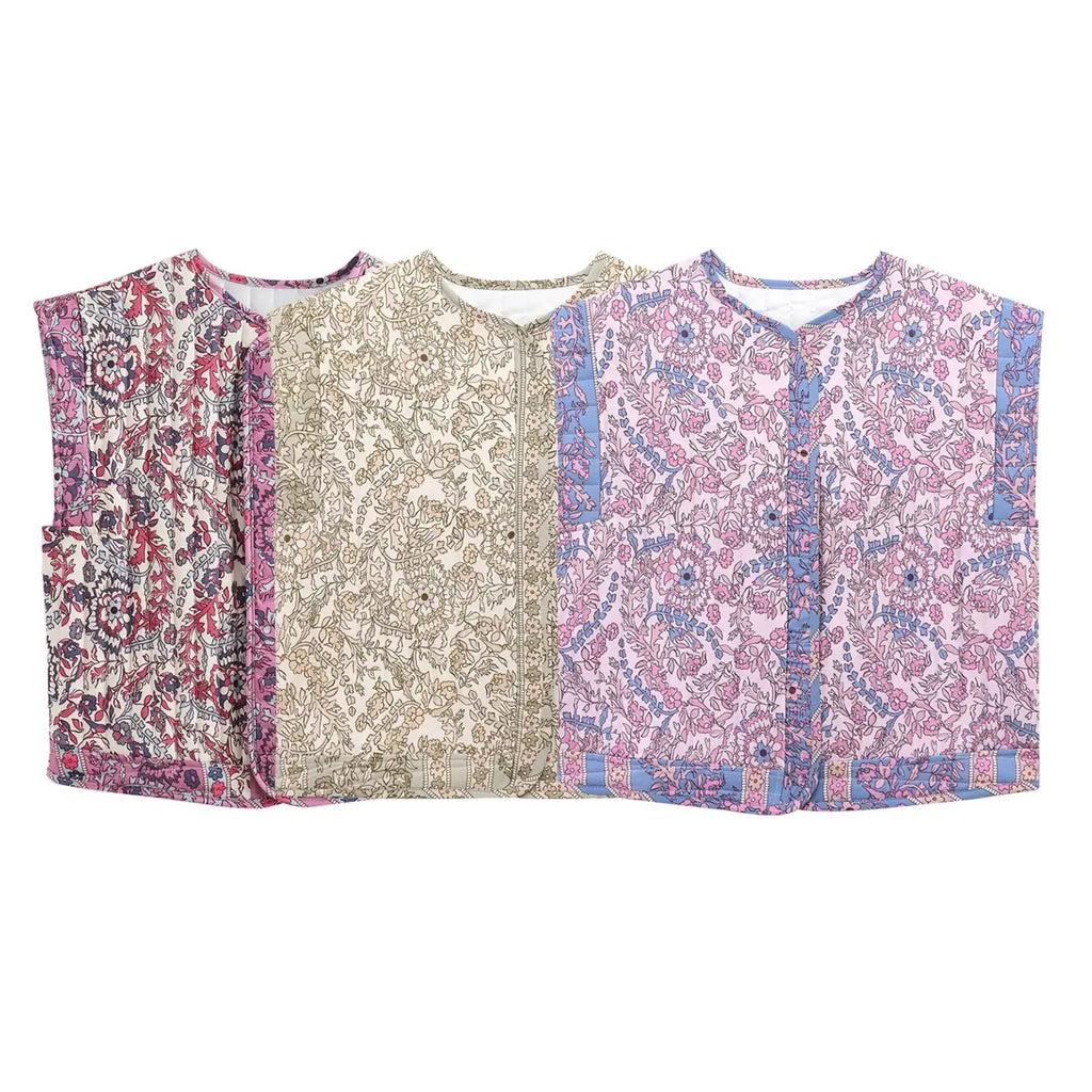 Zevity 2024 Women Vintage O Neck Patchwork Floral Print Quilted Cotton Vest Jacket Female Sleeveless Cotton WaistCoat Tops CT332