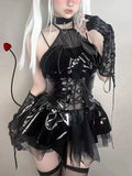 Sexy Cosplay Pu Dress Women Harajuku Streetwear Grunge Bandage Hollow Out Bats Dress Punk Y2k E-girl Mall Gothic Clothes
