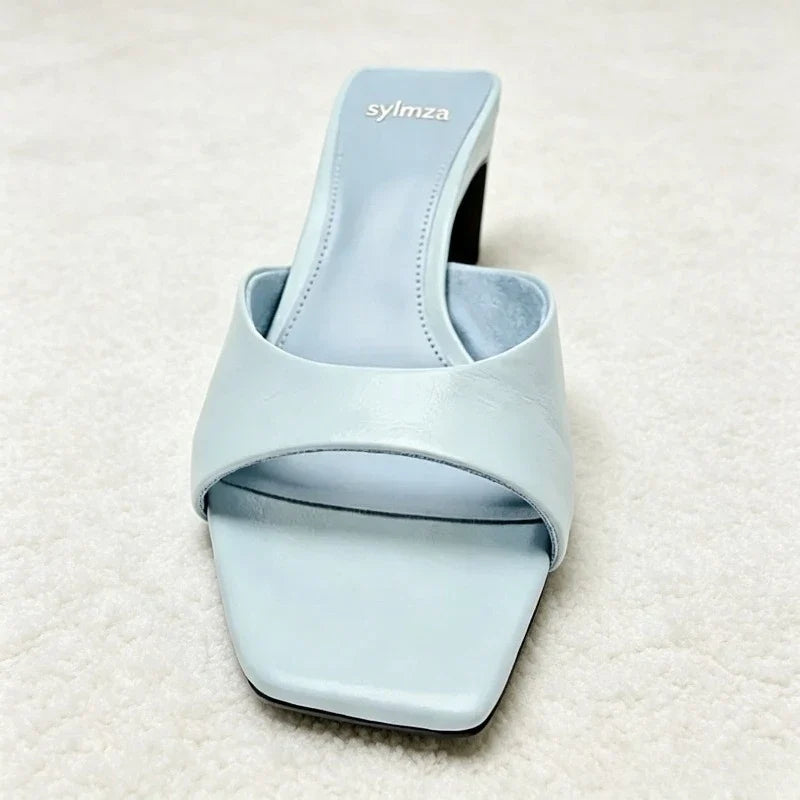Soft Leather PU Mule Sandals Women Fashion Square Toe Design Slingback Heels for Ladies Elegant Commuting Office Slide Sandals