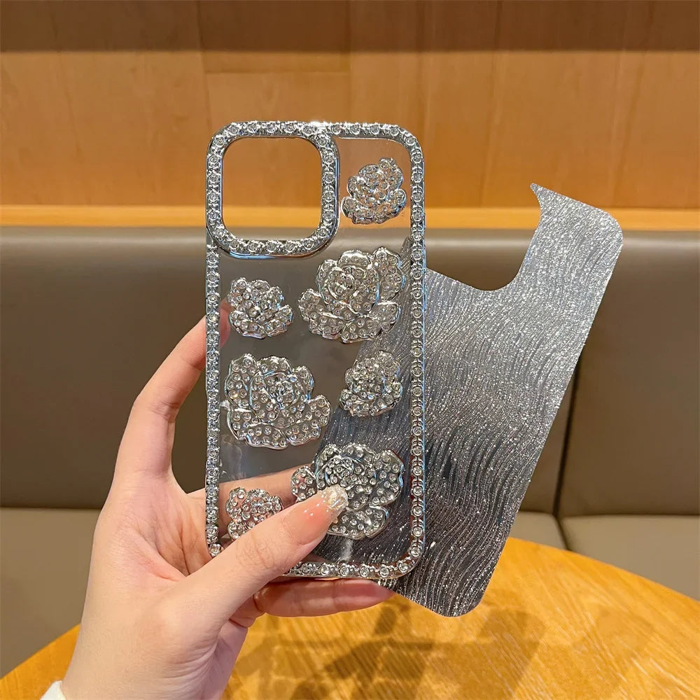 Fashion 3D Diamond Rose Phone Case for iPhone 16 15 14 13 11 12 Pro Max 16 Plus Bling Shiny Gradient Shockproof TPU Soft Cover
