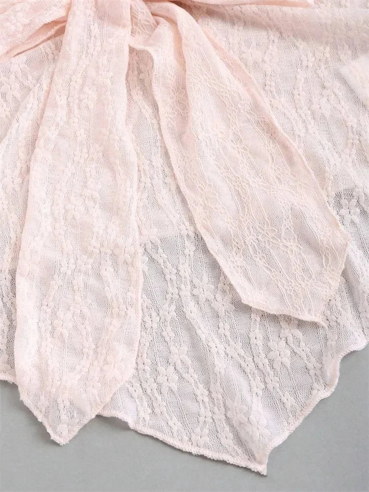 Bow knot Lace Halter Top for Women Summer Sexy Floral Pattern Off the Shoulder Backless V-neck Crop Top Y2K Clothes