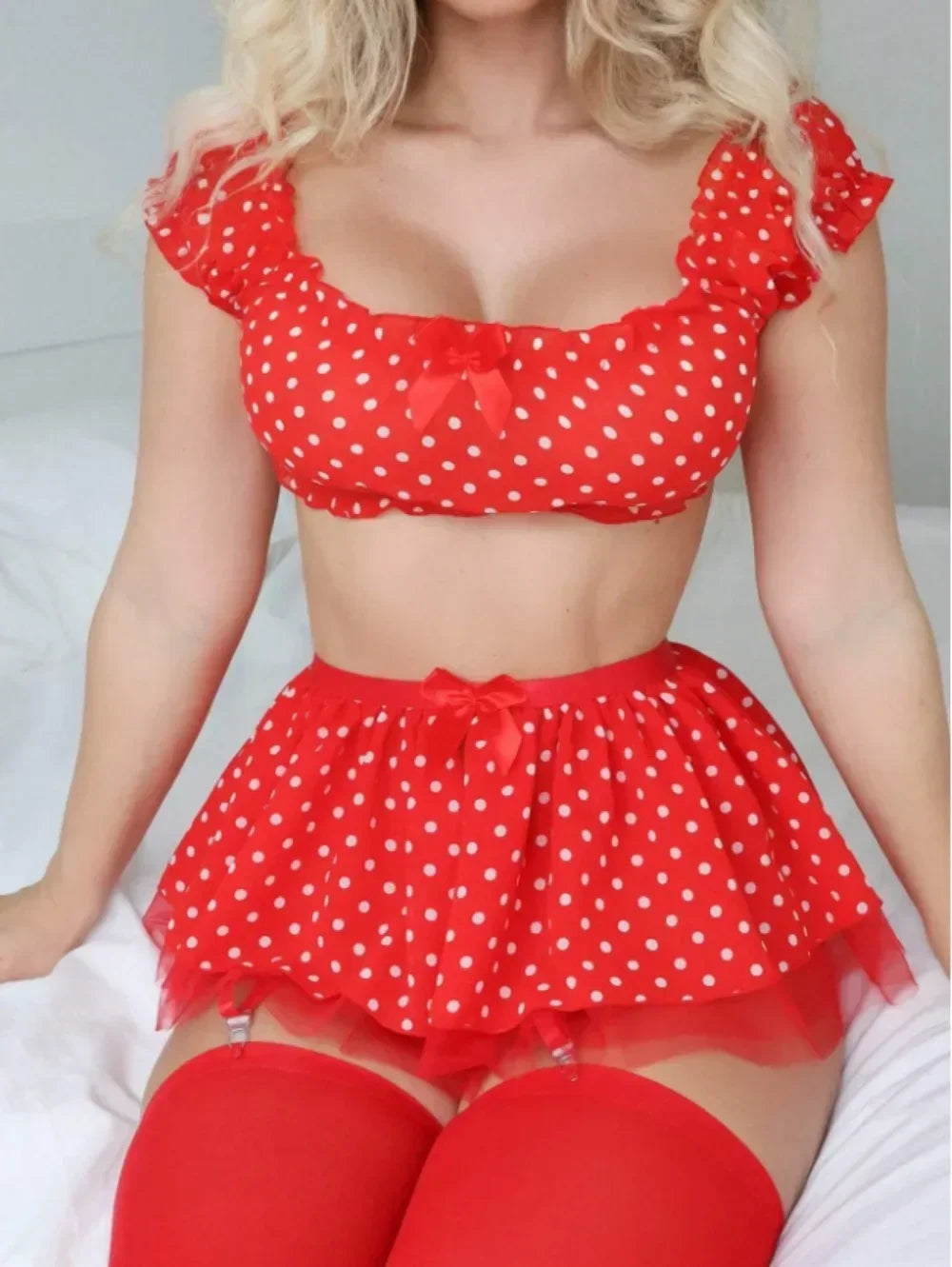 Women's Erotic  Short Skirt with Garter Straps Sexy Lingerie Women Sexy Polka Dot Off Shoulder Puffy Skirt Polka  Exotic Set