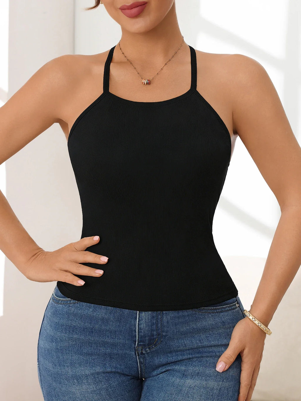 Women Sleeveless Tank Top Halter Backless Camisole Chest Pads Adjustable Straps Ladies' Intimates Underwear